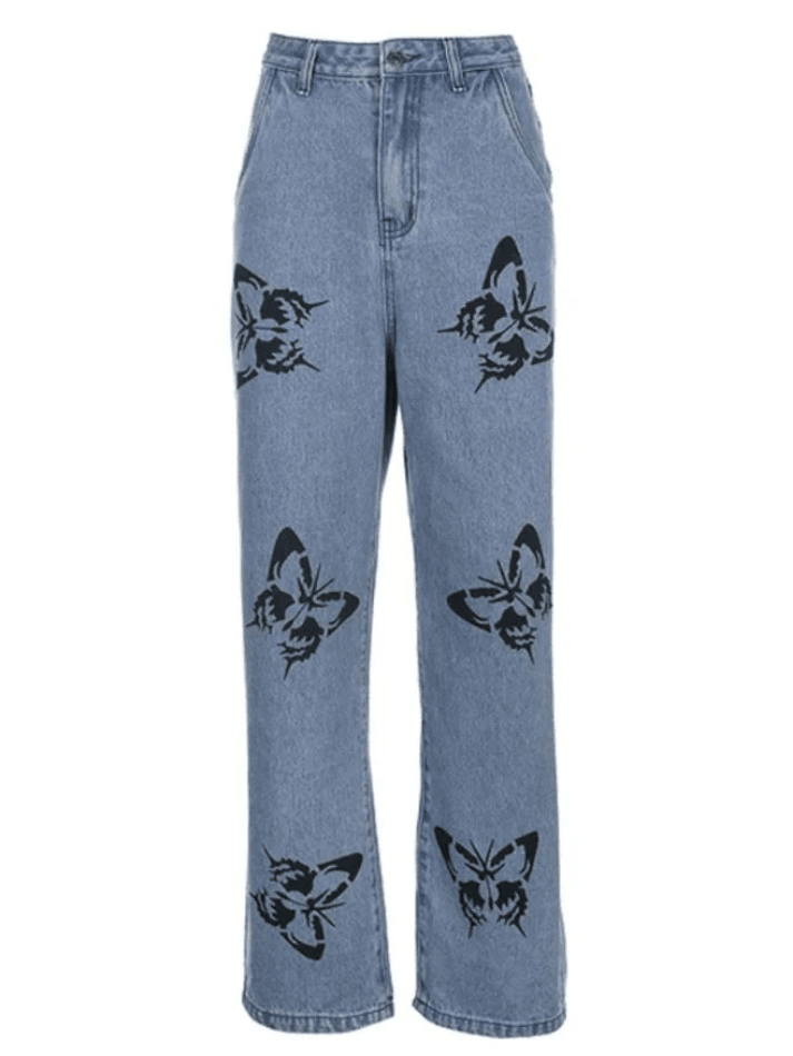 Boyfriendjeans mit Schmetterlings-Print und hoher Taille