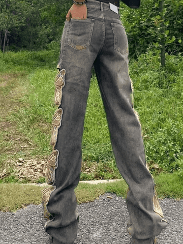 Zerrissene Jeans mit hoher Taille, Stickerei und lockerer Passform