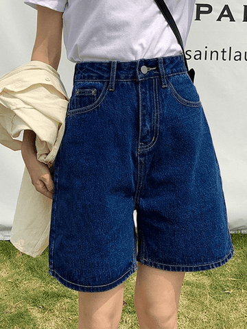 Jeansshorts mit geradem Bein und hoher Taille