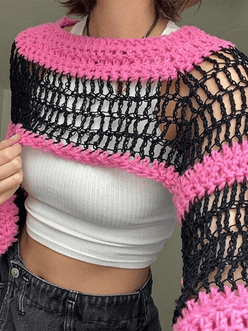 Ausgehöhltes, gestreiftes Langarm-Bolero-Strickoberteil