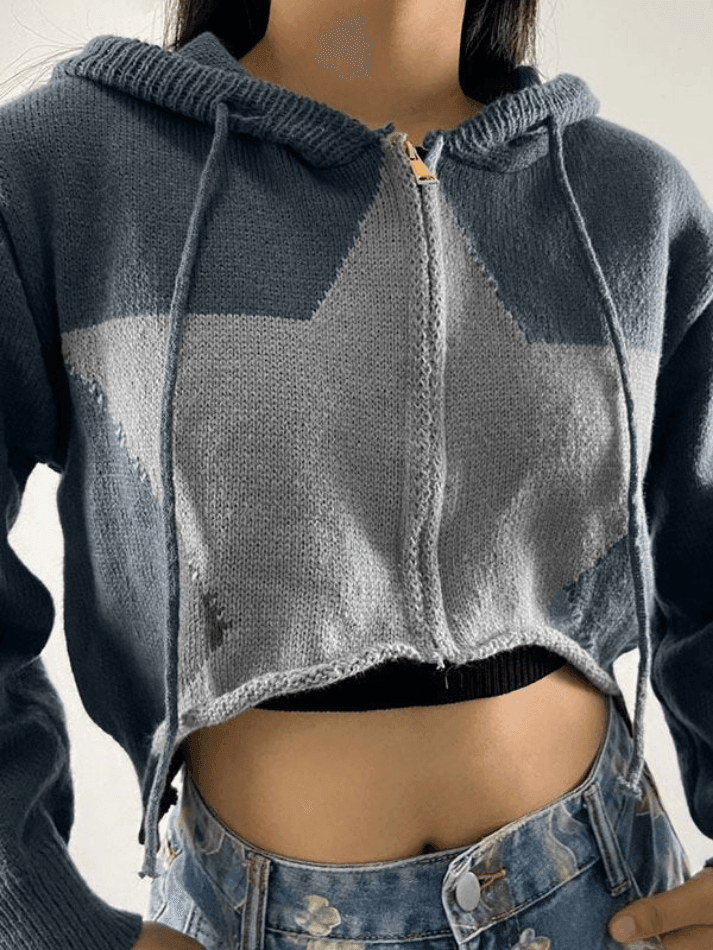Hooded Star Zip-Up Cropped Cardigan