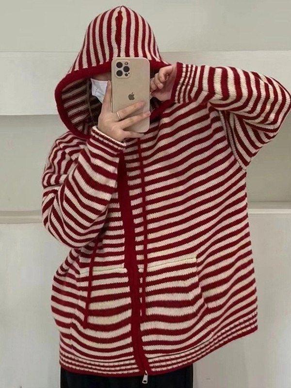 Hooded Striped Long Sleeve Knit Cardigan