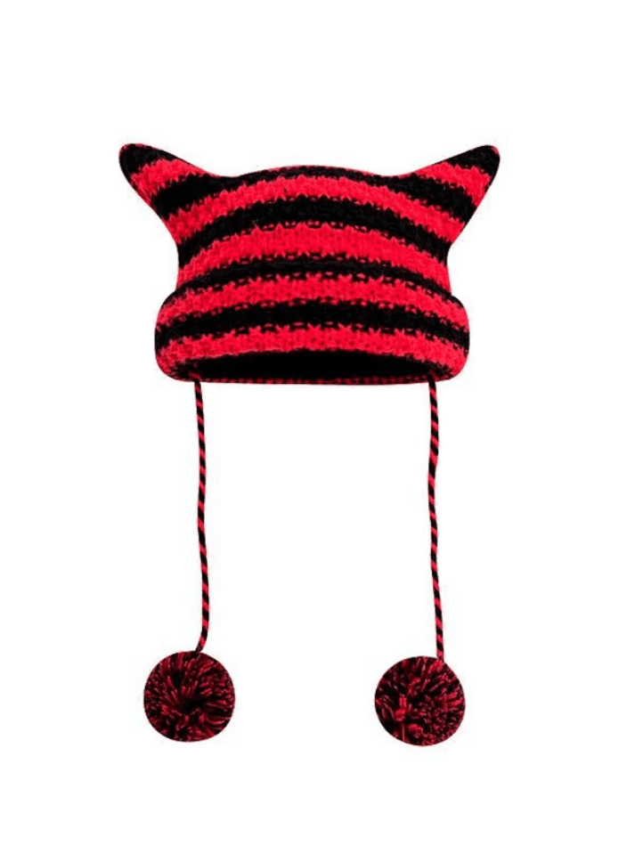 Horn Detail Striped Knitted Hat