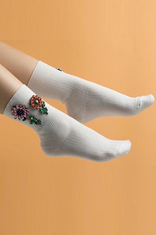 Calcetines con flores y brillantina de diamantes de imitación