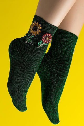 Glitzersocken mit Strass und Blumen