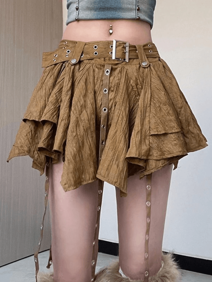 Irregular Buckle Belted Mini Skirt