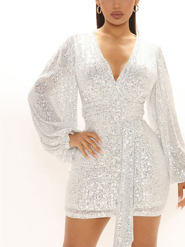 Lantern Sleeves Sequin Party Dress