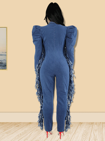 Bubble Sleeve Tassels Denim Jumpsuit