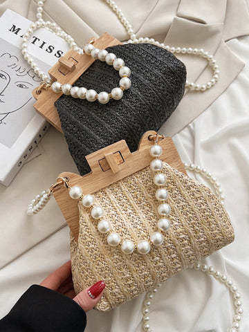 Pearl Decor Twist Lock Straw Bag