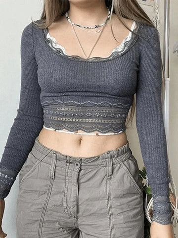 Lace Paneled Long Sleeve Crop Top