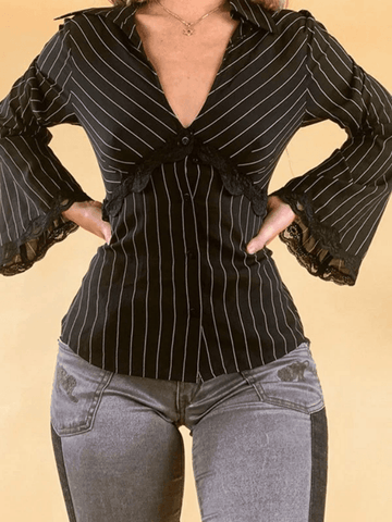 Lace Paneled Long Sleeve Striped Blouse