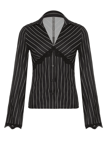 Lace Paneled Long Sleeve Striped Blouse