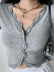 Lace Trim Button Front Knit Crop Top