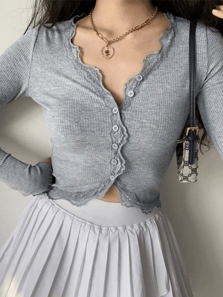 Lace Trim Button Front Knit Crop Top