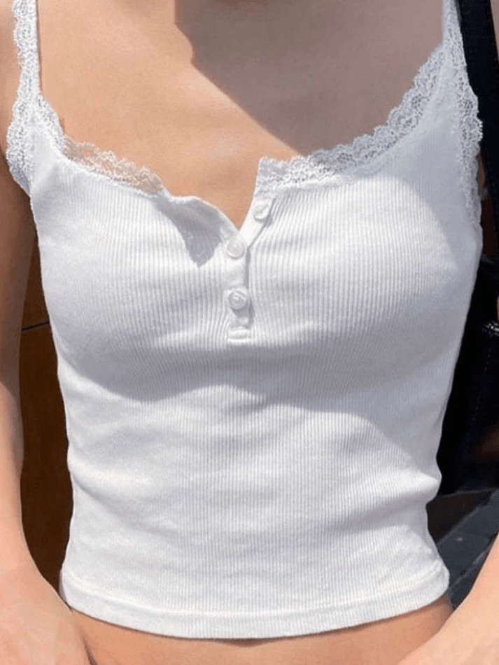 Lace Trim Button-Up Ribbed Crop Cami Top