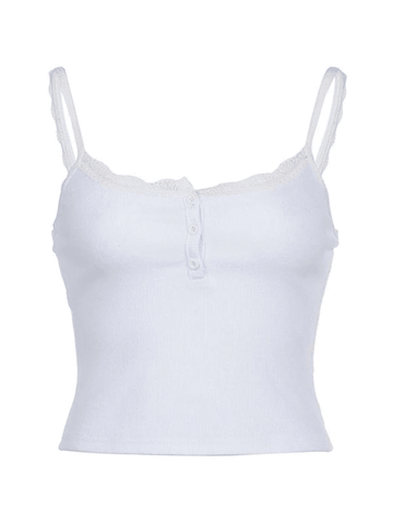 Geripptes, kurzes Camisole-Oberteil mit Spitzenbesatz und Knopfleiste