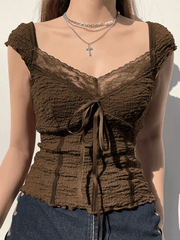Lace Trim Crinkle Cropped Blouse