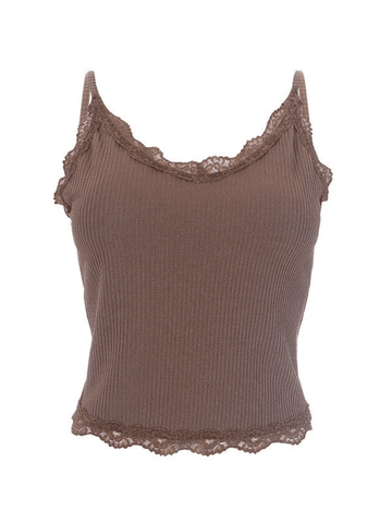 Lace Trim Padded Ribbed Crop Cami Top