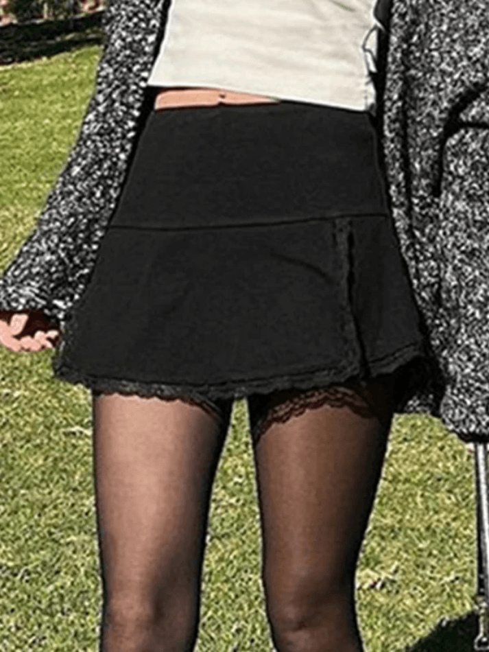 Lace Trim Ribbed Black Mini Skirt