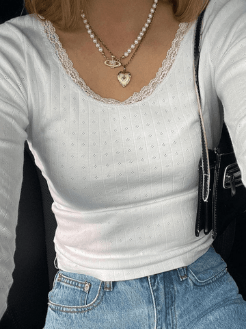 Lace Trim White Knit Top