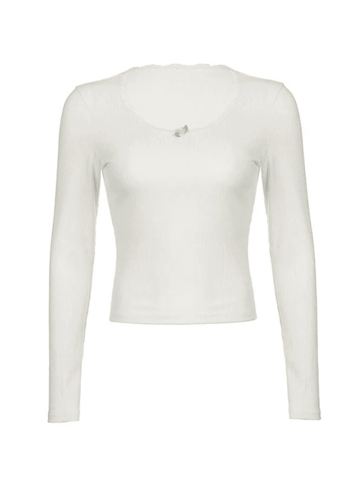 Lace Trim White Ribbed Knit Top