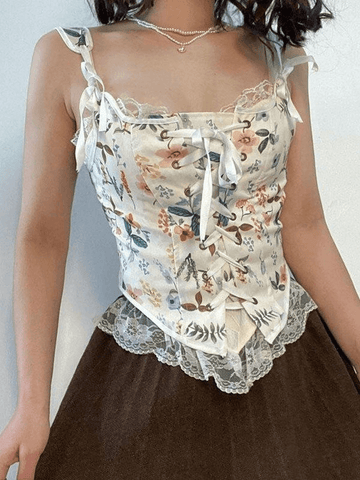 Lace Up Floral Corset Top