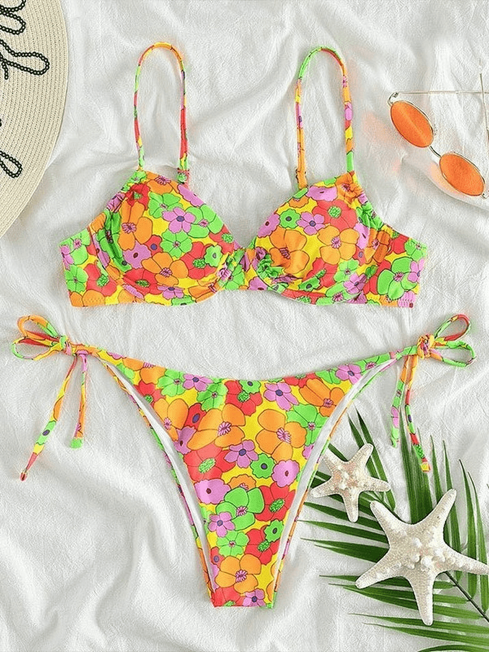 Lace Up Floral Print Underwire Bikini Set