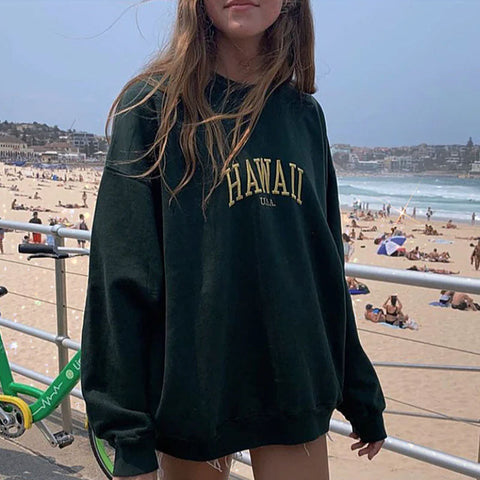 Letter Embroidery Long Sleeve Sweatshirt - Emerald Green