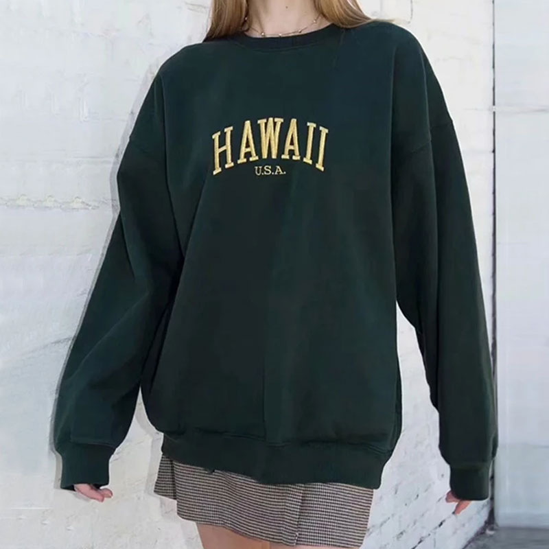 Letter Embroidery Long Sleeve Sweatshirt - Emerald Green