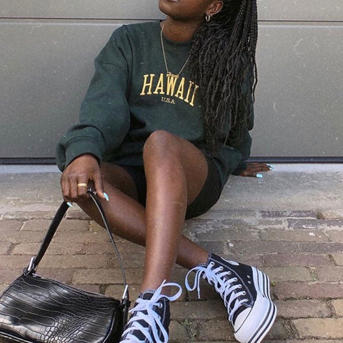 Letter Embroidery Long Sleeve Sweatshirt - Emerald Green