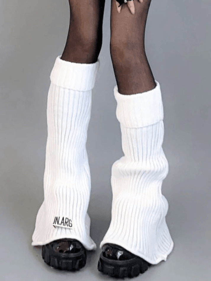 Logo Patch Ankle Flare Ribbed Knit Leg Warmer