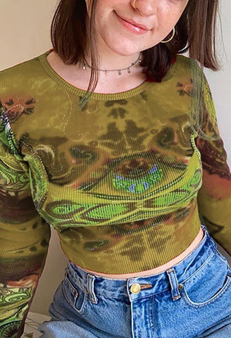 Langärmliges Crop-Top mit Print