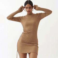Long Sleeve Tie Side Ruched Turtleneck Sweater Mini Dress - Khaki