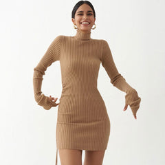 Long Sleeve Tie Side Ruched Turtleneck Sweater Mini Dress - Khaki