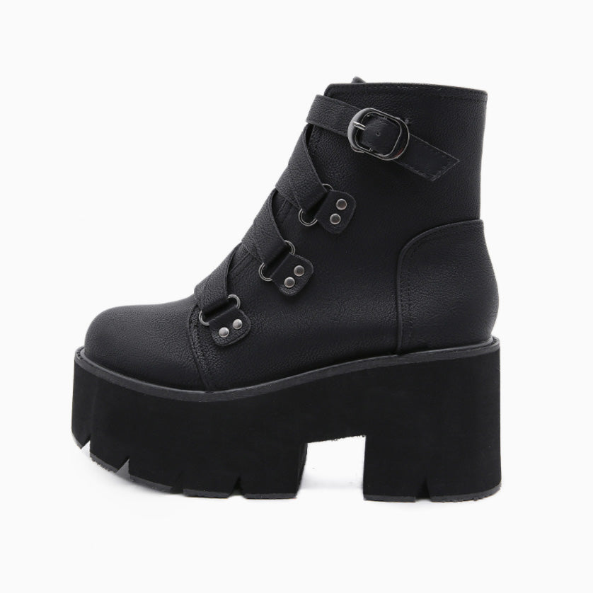 Lug Sole Buckle Strap Chunky Heel Platform Boots - Black