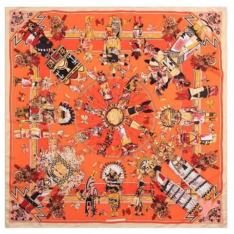 Printed Hand-Made Edge Square Silk Twill Scarf - Orange