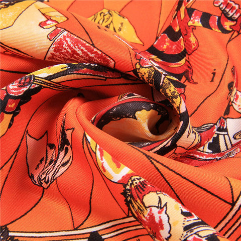 Printed Hand-Made Edge Square Silk Twill Scarf - Orange