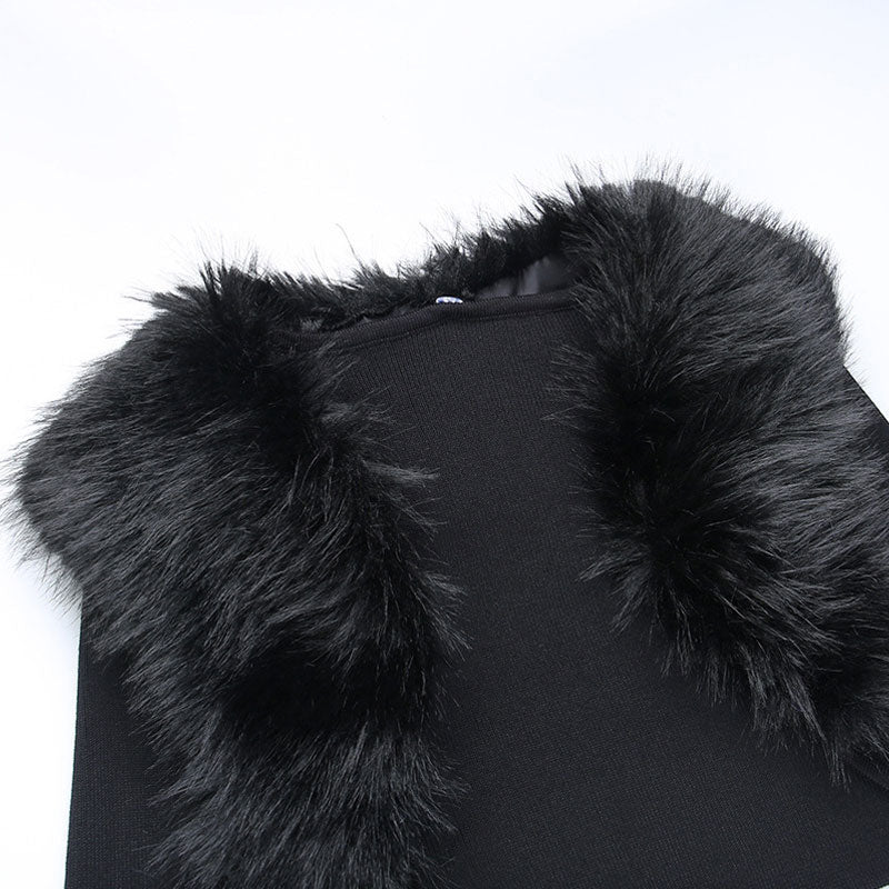 Open Front Long Sleeve Fur Knit Bolero Jacket - Black