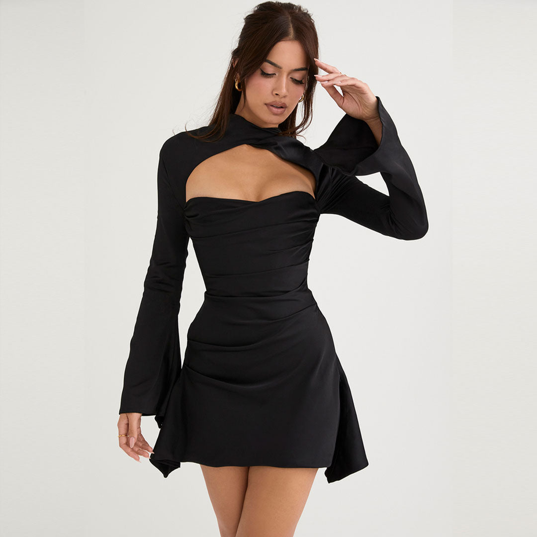 Long Sleeve Draped Satin Mini Dress - Black