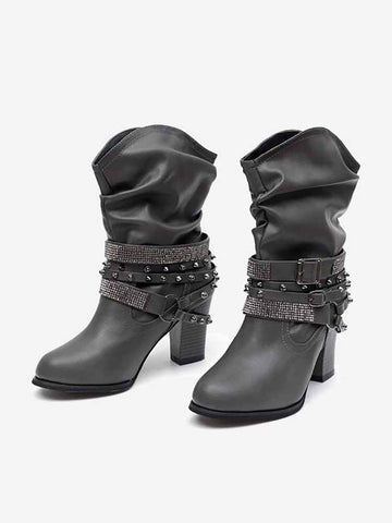 Rhinestone Buckle Ankle Boots