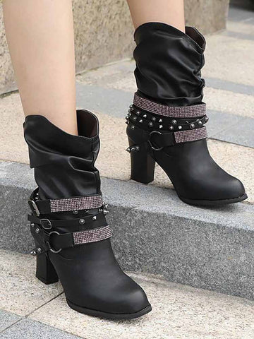 Rhinestone Buckle Ankle Boots