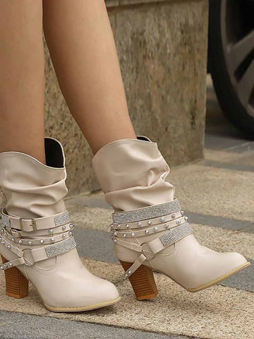 Rhinestone Buckle Ankle Boots