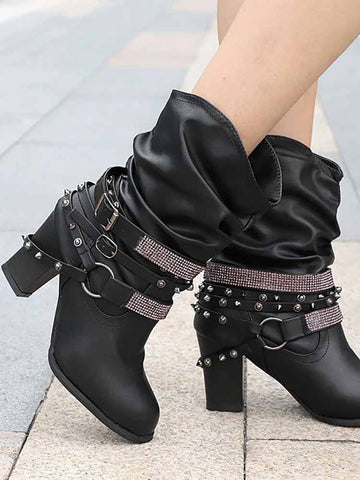 Rhinestone Buckle Ankle Boots