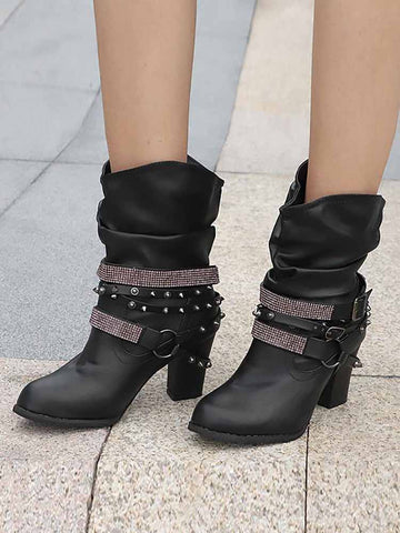 Rhinestone Buckle Ankle Boots