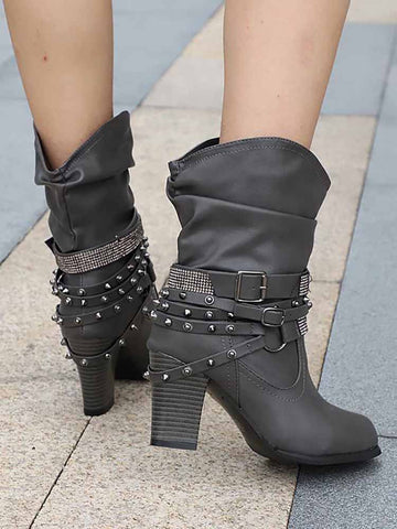 Rhinestone Buckle Ankle Boots