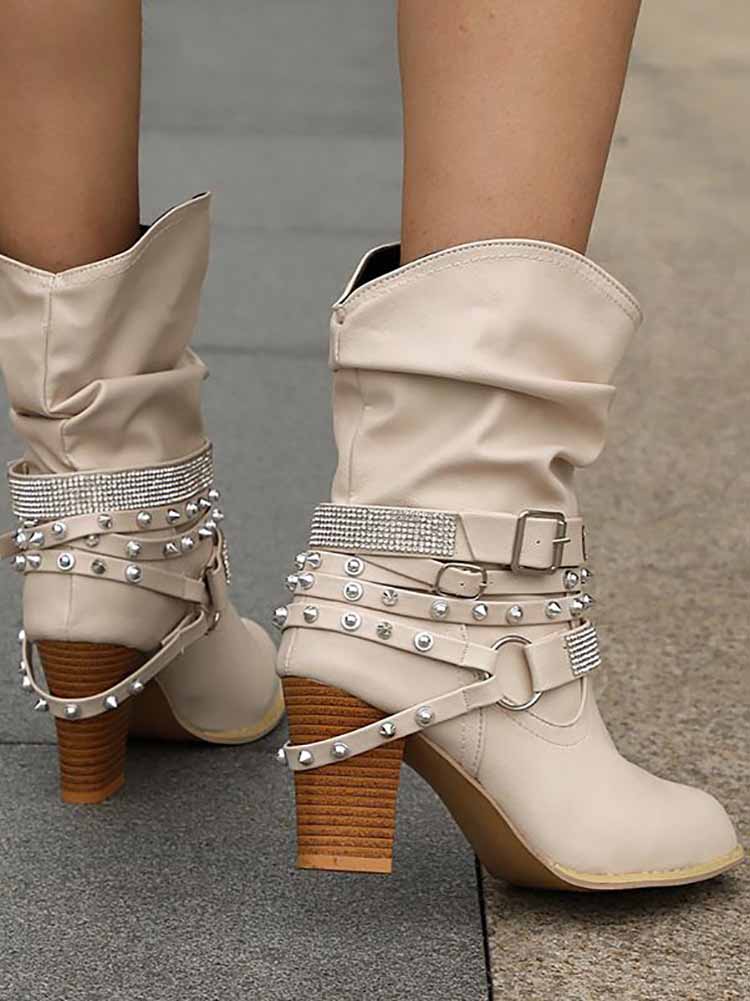 Rhinestone Buckle Ankle Boots