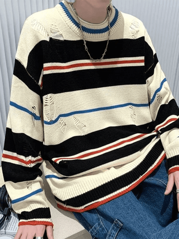 Men's Color Block Striped Distressed Sweater