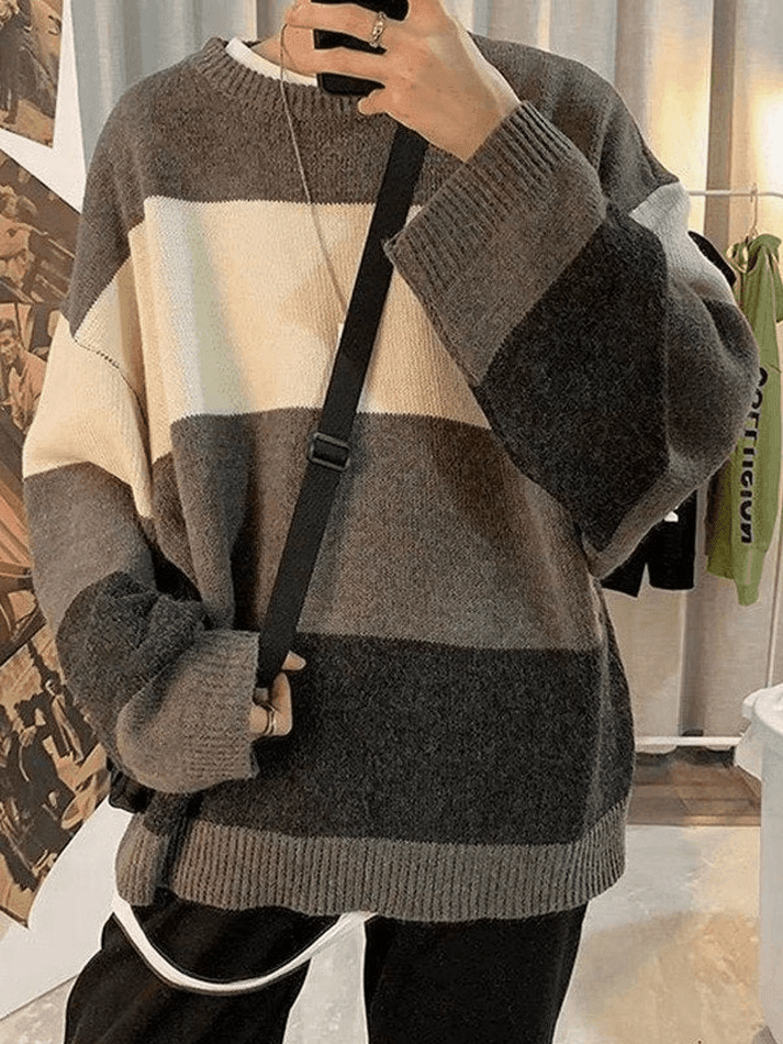 Men's Contrast Striped Long Sleeve Knit Sweater