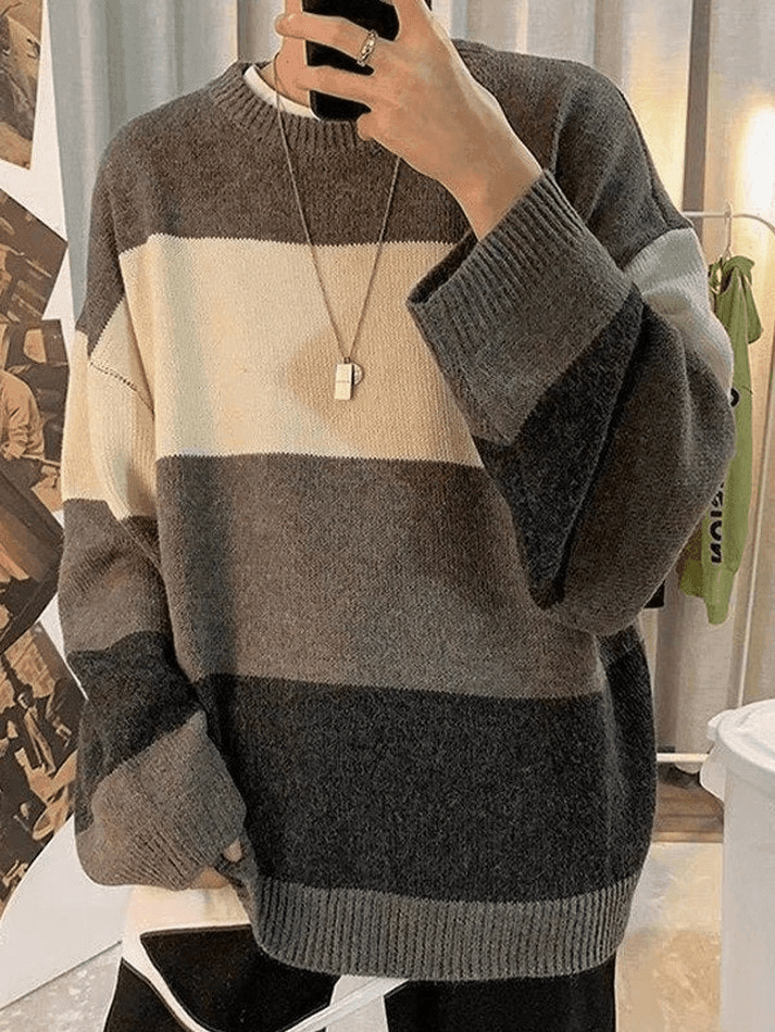 Men's Contrast Striped Long Sleeve Knit Sweater