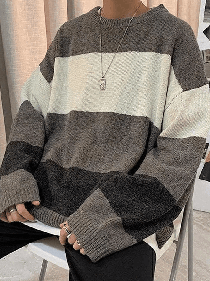 Men's Contrast Striped Long Sleeve Knit Sweater – Omcne